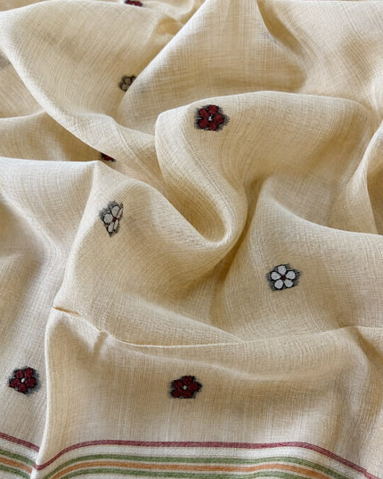 Cotton Chanderi Jamdani Saree withfloral Print Golden Border - Beige