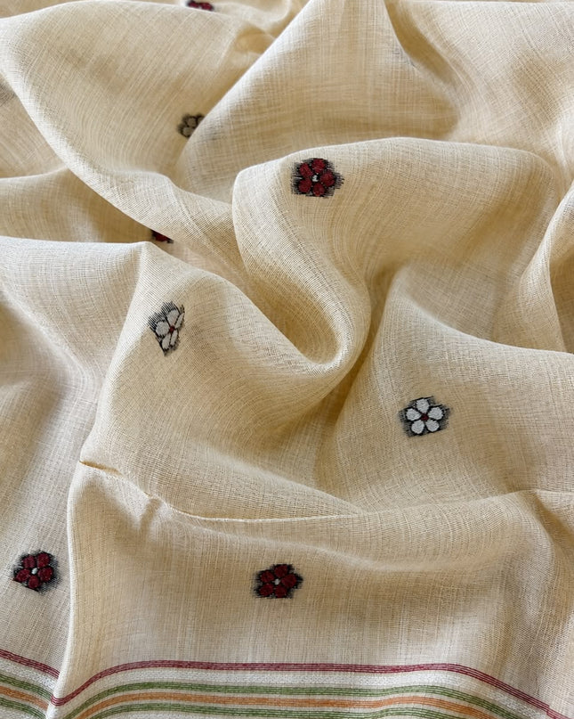 Cotton Chanderi Jamdani Saree withfloral Print Golden Border - Beige