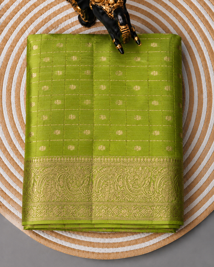 Chiffon Saree With Gold & Silver Zari  Checks Design  Butties and Gold Zari Flower Design Border-  Parrot Green