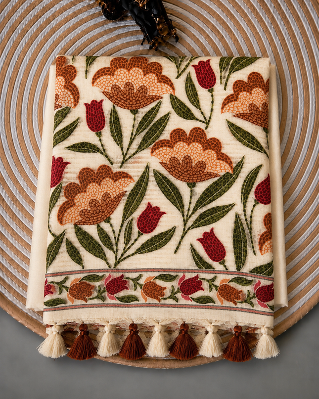 Cotton Chanderi  Jamdani  Saree with Self Weaving Floral Design - Cream & Brown