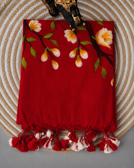Mul cotton saree with Hand Painting  - Red