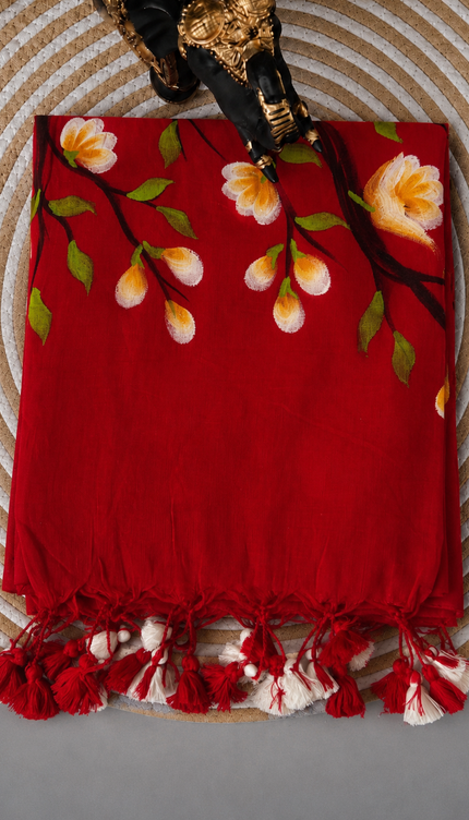 Mul cotton saree with Hand Painting  - Red