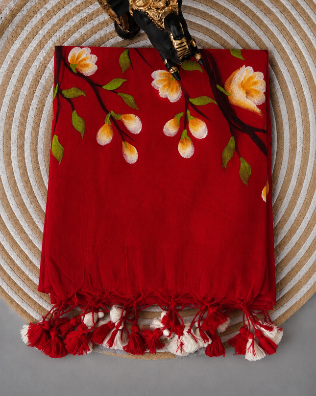 Mul cotton saree with Hand Painting  - Red