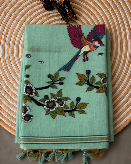Cotton Chanderi Jamdani Saree withfloral Print Golden Border - Sky Blue