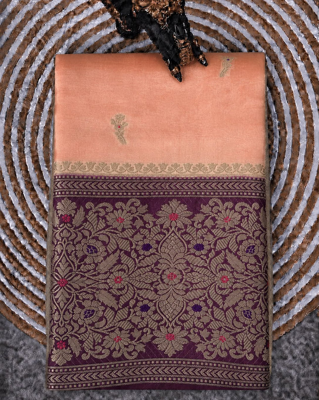 Chiniya Silk Silver and Gold Saree with Contrast Border  - Light Pink