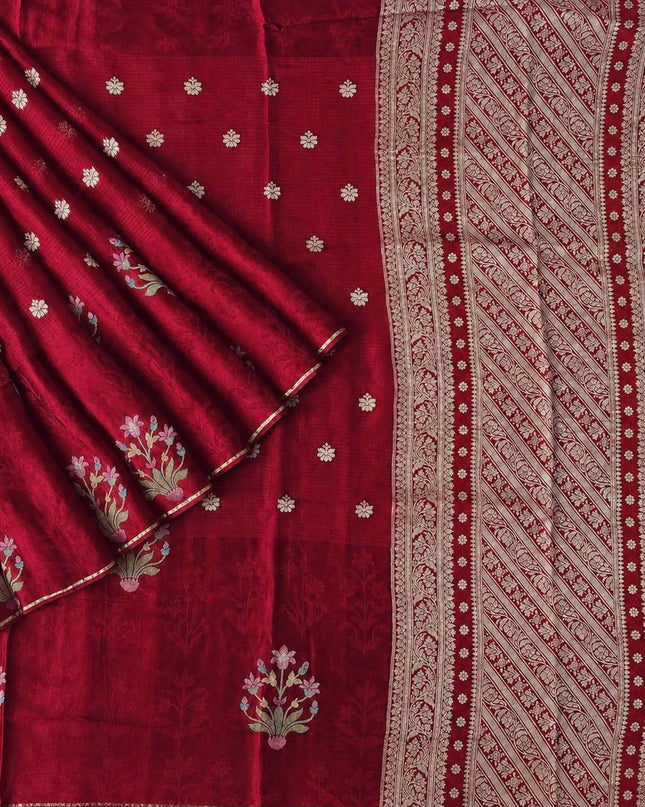 Manipuri kota  Gold and silver  Zari weaving Buttis  with Satin Border -  Maroon