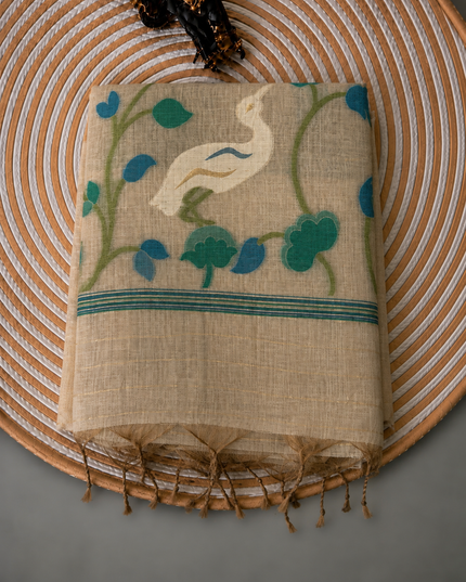 Cotton Chanderi Jamdani Saree with Checks Design and floral Print  Border - Cream & Blue