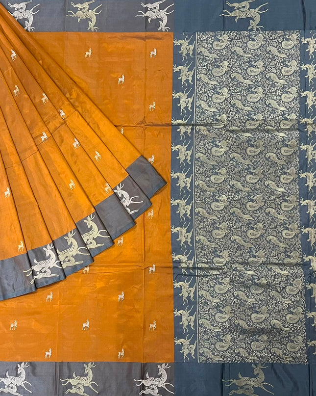 Kathan Silk Saree With All over Silver  Zari Buttes and Silver Zari Weaving Border - Light Orange
