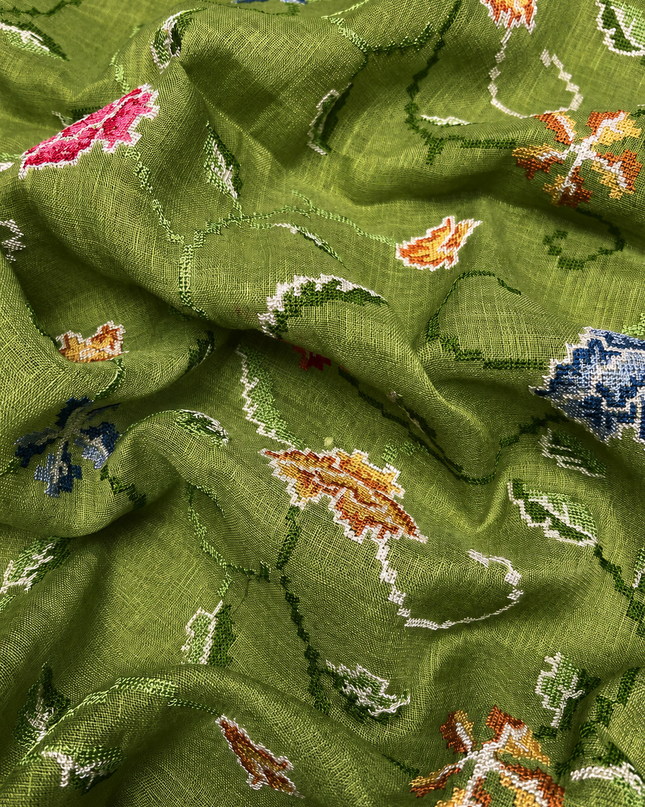 Tissue Linen Saree with Mirror Work Border- Green