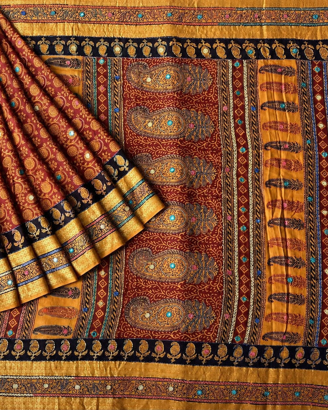 Cotton Saree With Kantha Work and Mirror work  -Orange