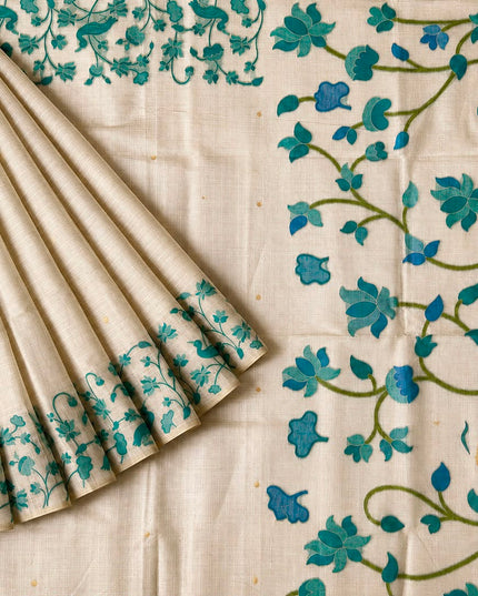 Cotton Chanderi Jamdani Saree with Checks Design and floral Print  Border - Cream & Blue