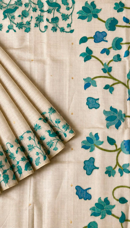 Cotton Chanderi Jamdani Saree with Checks Design and floral Print  Border - Cream & Blue