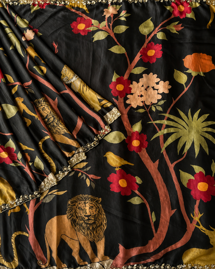 Crepe Saree With Floral Print and Karahan  Pearl Work Border- Black