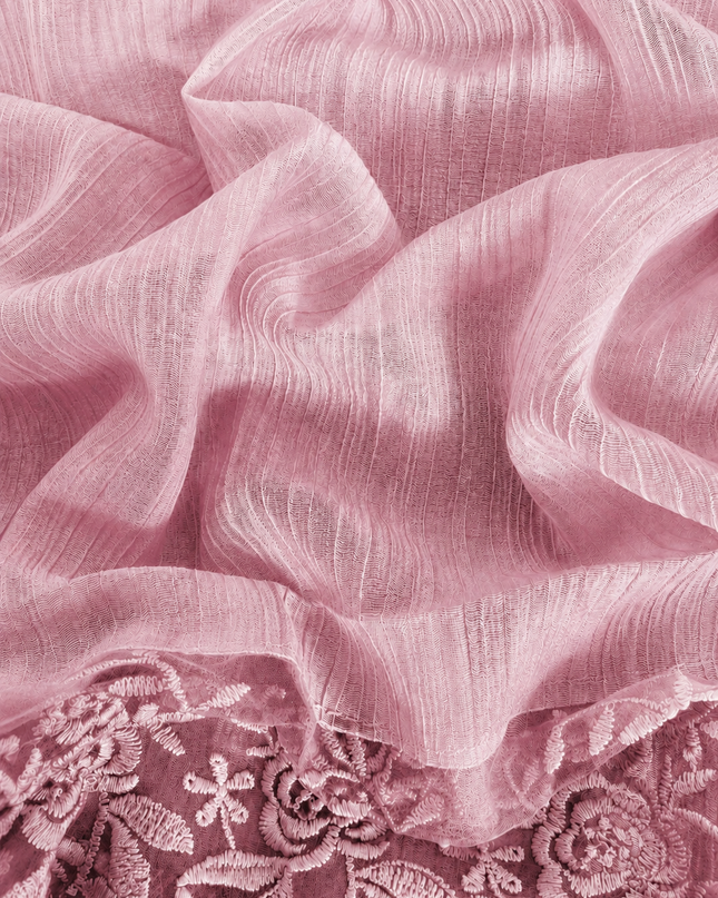 Malai Chanderi Saree with Allover small mirror work and  Thread Embroidery  Scallop Border  - Onion Pink