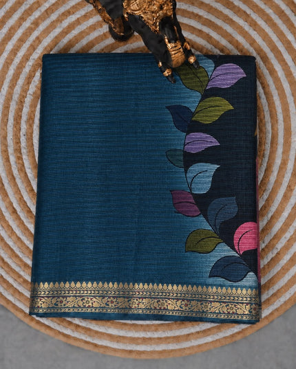 Pure Silk Kota Saree With Kalamkari Print and Small Gold Border -  Peacock Blue