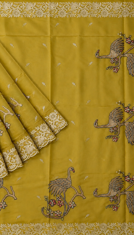 Soft Organza  Saree with Thread Work  and Scallop Border - Mehandi Green