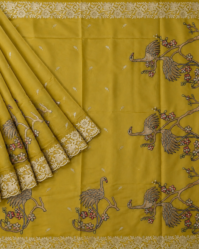 Soft Organza  Saree with Thread Work  and Scallop Border - Mehandi Green