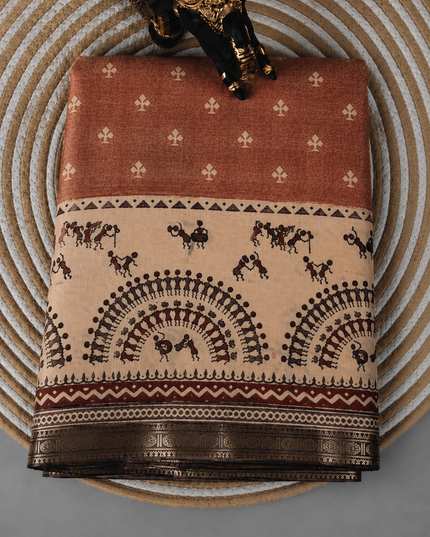 Munga Silk Saree With Floral Print and Kalmkari Border -  Peach
