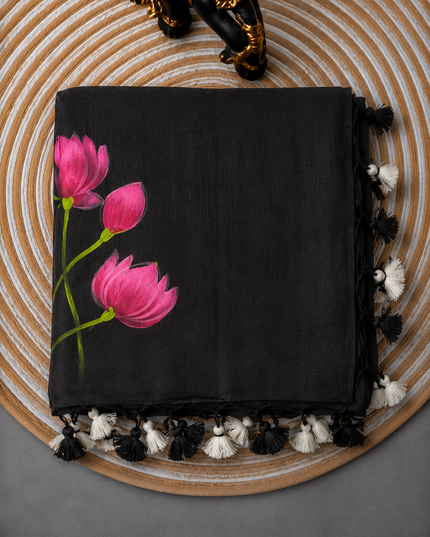 Mul cotton saree and Hand Painting with Tassels-  Black