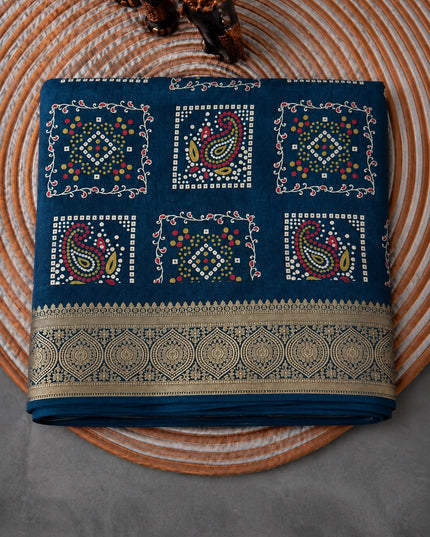Tusser Silk Saree With Bhandni Print and Golden Border - Peacock Blue