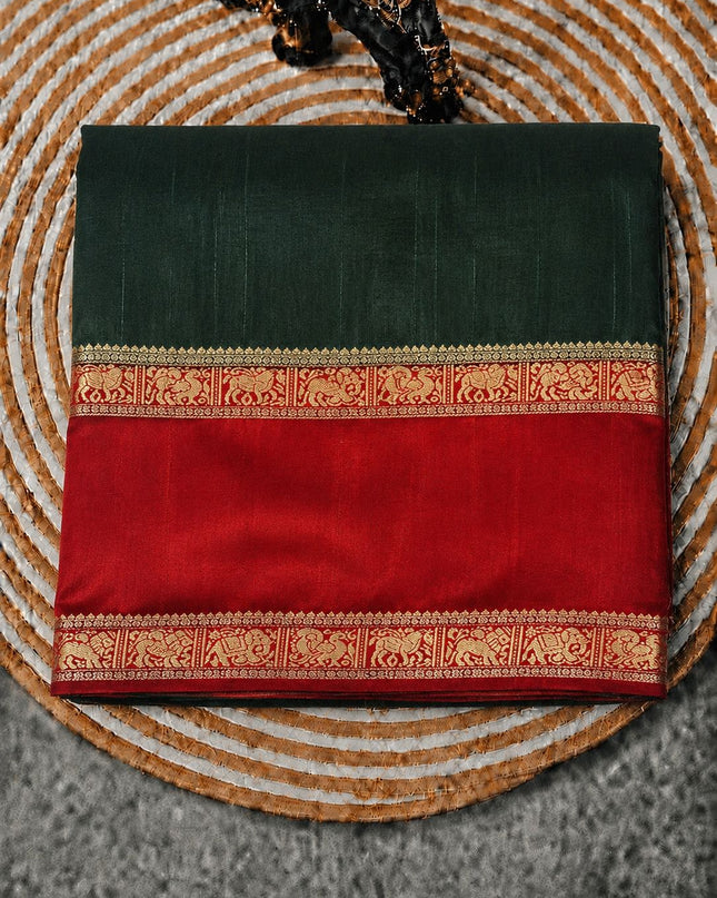 Dola Silk Saree with Small Elephant Design Gap Border - Bottle Green
