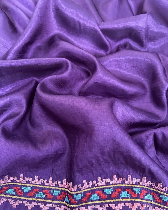 Dupion Saree with Thread Work Piping Border- Violet