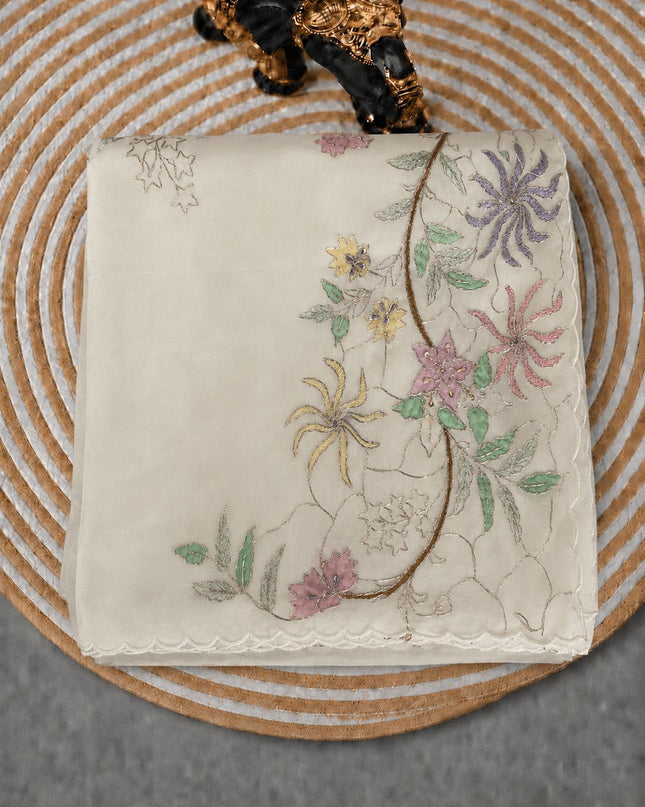 Soft Orznga Saree with Applique work And Ari Work with Scallop Border - Off White