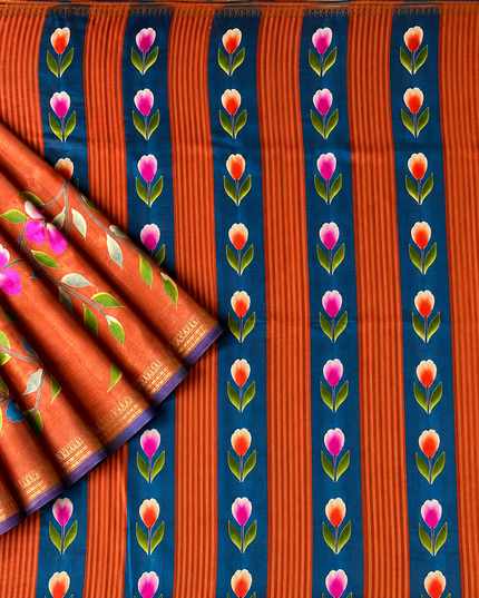 Pure Silk Saree With All Over Hand Painting  and Temple  Border -Rust Orange