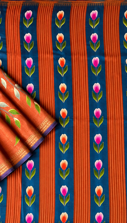 Pure Silk Saree With All Over Hand Painting  and Temple  Border -Rust Orange