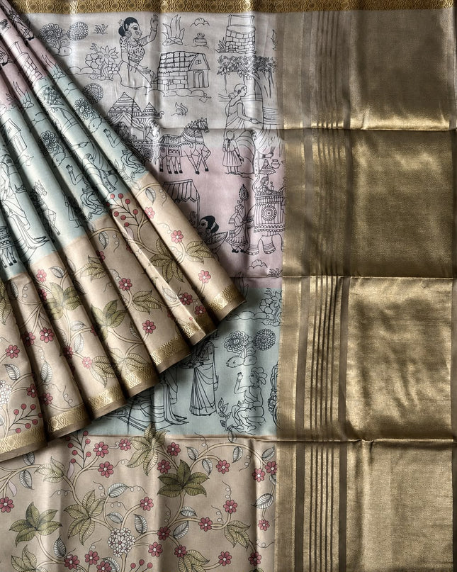 Tusser Tissue Saree With Kalamkari Print and Small Zari Border - Gold