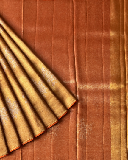 Tissue Banaras saree Self Weaving  Floral Butties  Contrast small Border - Silver & Orange