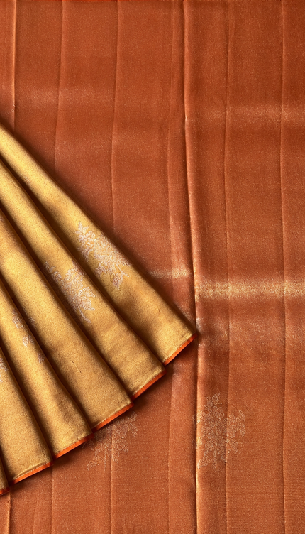 Tissue Banaras saree Self Weaving  Floral Butties  Contrast small Border - Silver & Orange