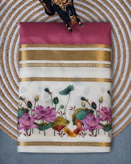 Crepe Saree With Gap Border and  Floral Print -  Lavender
