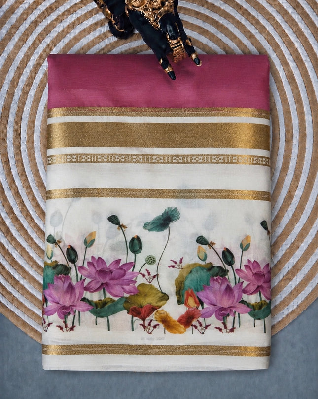 Crepe Saree With Gap Border and  Floral Print -  Lavender