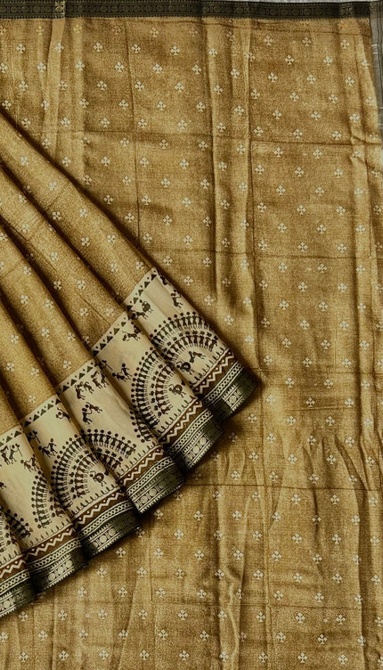 Munga Silk Saree With Floral Print and Kalmkari Border -  Brown