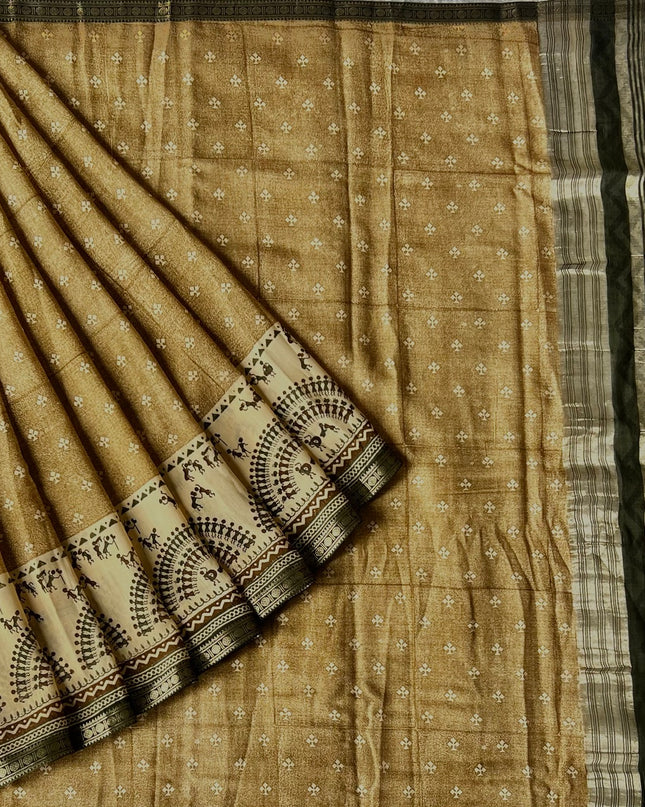 Munga Silk Saree With Floral Print and Kalmkari Border -  Brown