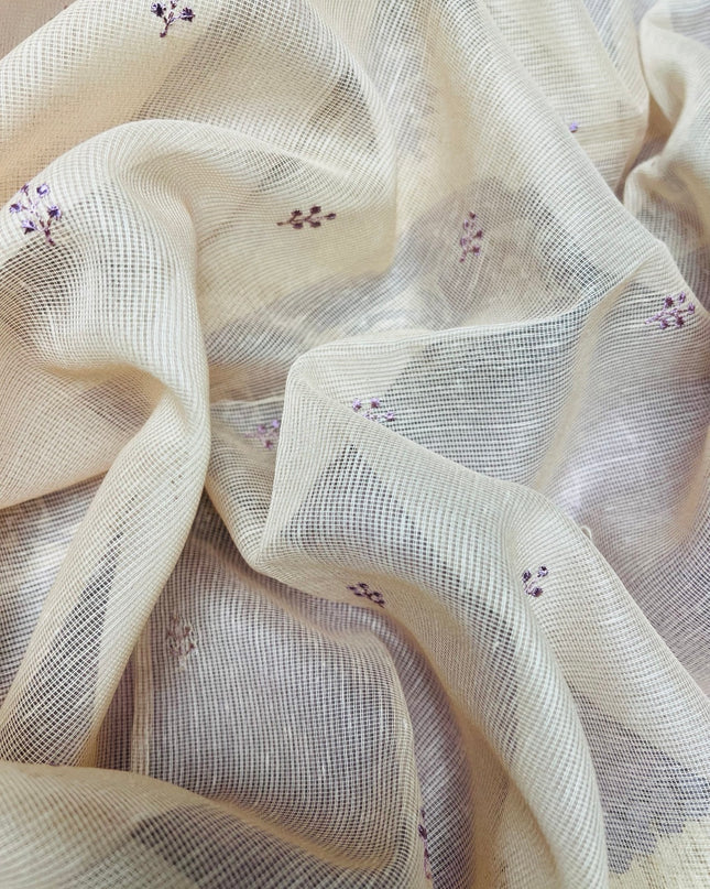 Silk Kota Saree with Floral Print and Thread Embroidery work Border with Lace - Tan & Purple