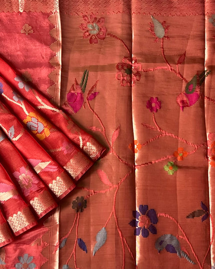 Chanderi  Silk Saree with All over Jamdani weaving style and golden Zari border - Pink