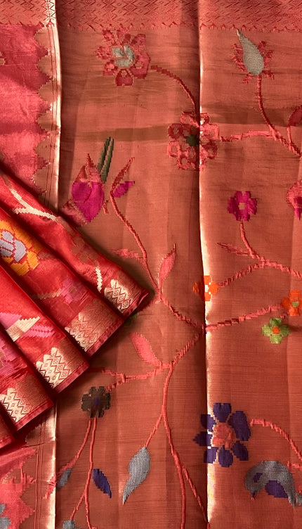 Chanderi  Silk Saree with All over Jamdani weaving style and golden Zari border - Pink