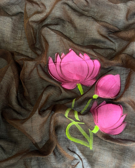 Mul cotton saree and Hand Painting with Tassels-  Brown