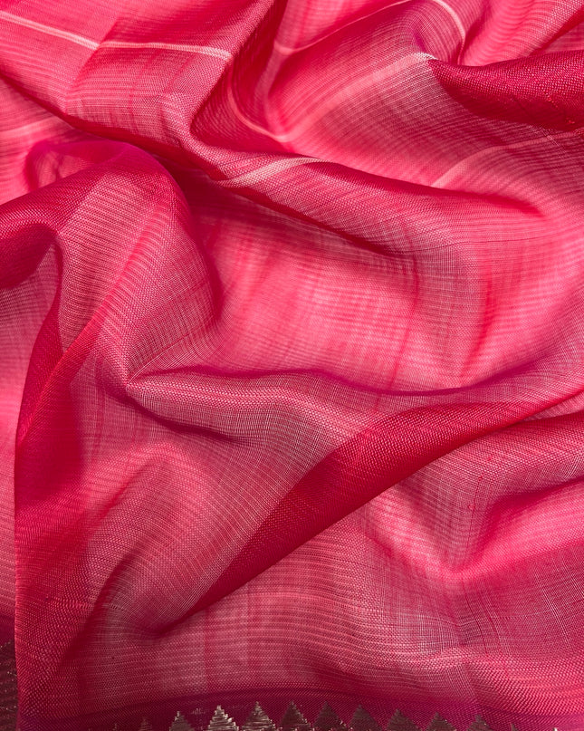 Mangaligiri Silk  Saree with  Thread  Weaving Checks Design and Golden Zari Temple  Border -  Rani Pink