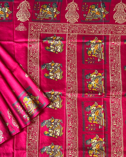 Pure Silk Saree With All Over Block Print  Kalmkari Border - Pink