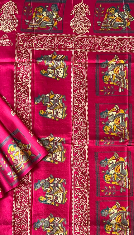 Pure Silk Saree With All Over Block Print  Kalmkari Border - Pink