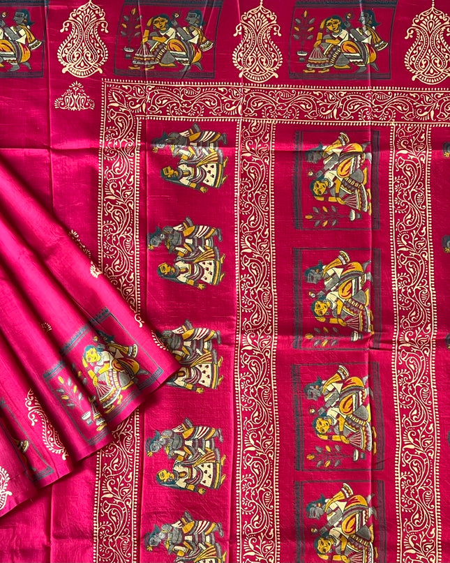 Pure Silk Saree With All Over Block Print  Kalmkari Border - Pink
