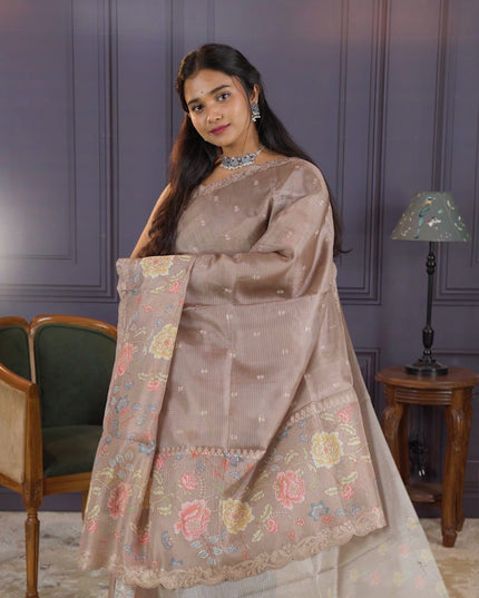 Kota  Silk Saree With Allover Thread Embroidery Butties  and Scallop Border