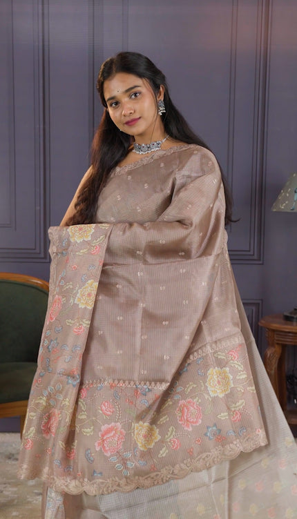 Kota  Silk Saree With Allover Thread Embroidery Butties  and Scallop Border