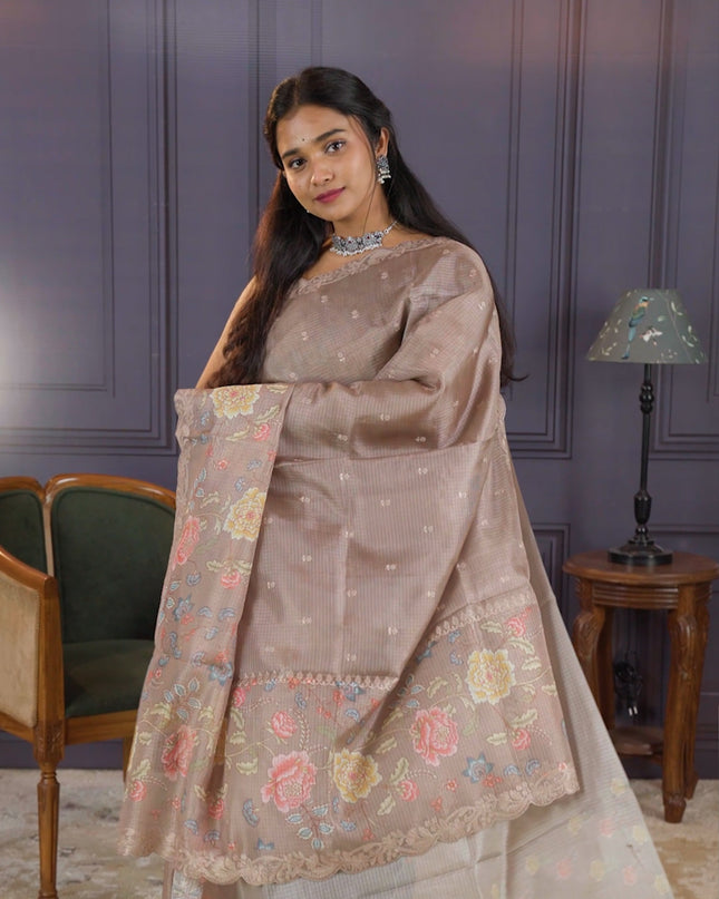 Kota  Silk Saree With Allover Thread Embroidery Butties  and Scallop Border