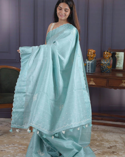Jute Tusser Silk Saree with Satin Border and Pearl work Butties - Mint Blue