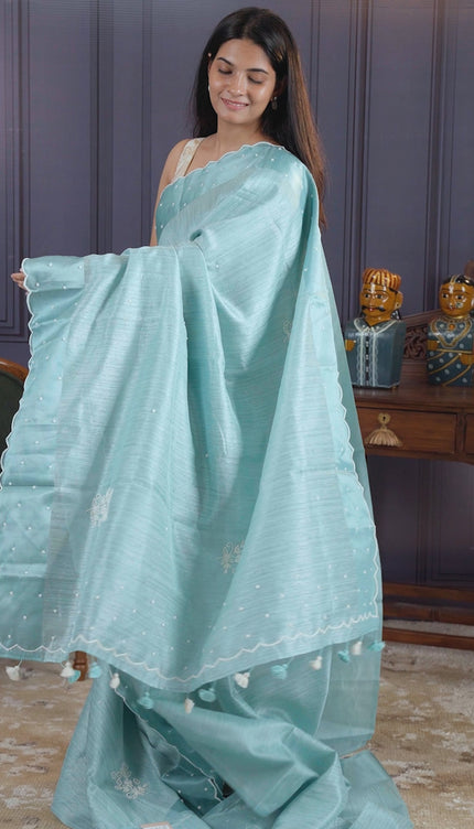 Jute Tusser Silk Saree with Satin Border and Pearl work Butties - Mint Blue