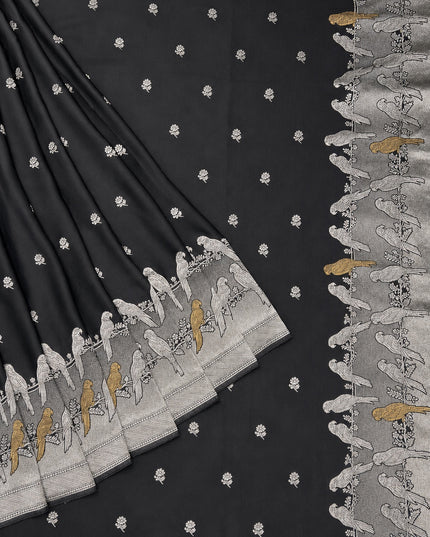 Mashru Banaras saree with Silver butties and Silver Kaddi border - Black